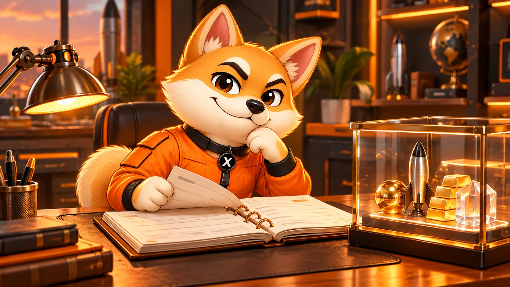 X reviewing an open Space Bank ledger in his workshop office
